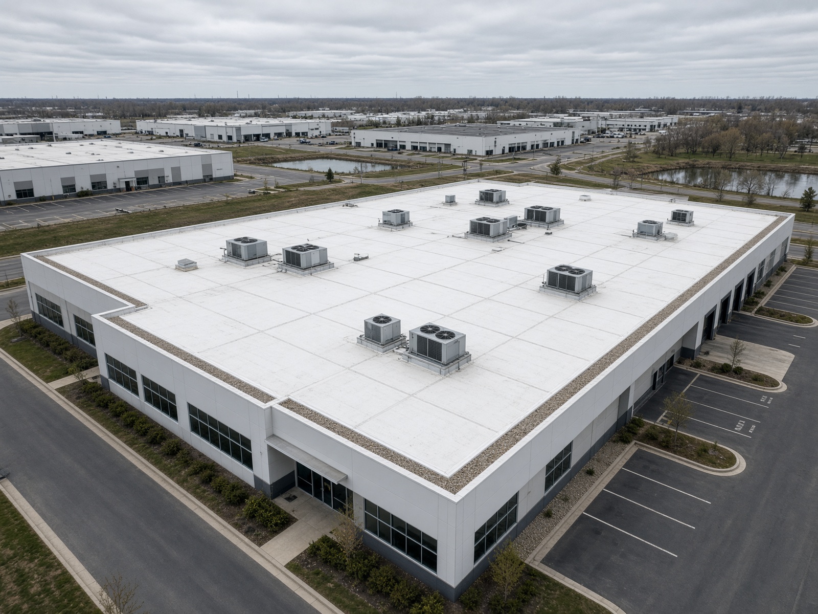 White TPO commercial roof with HVAC units on a warehouse