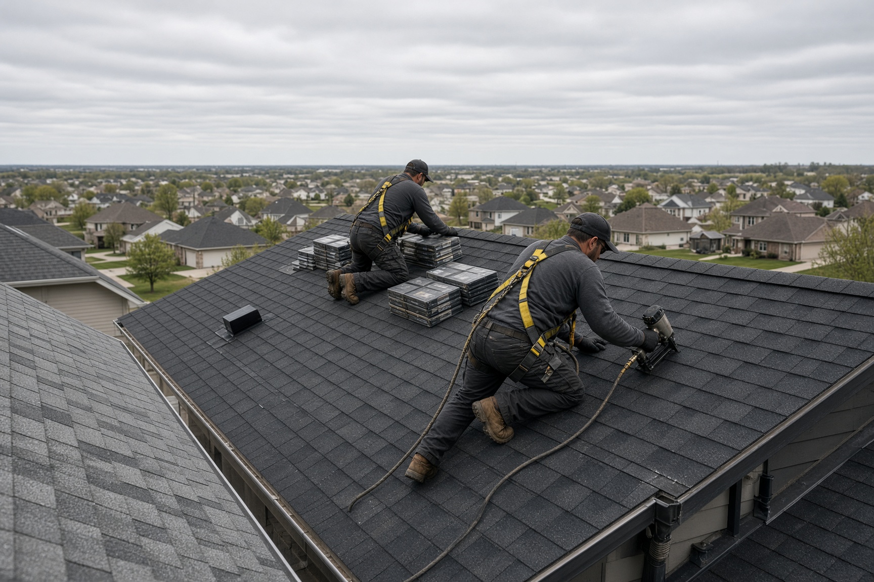 Roofing crew installing architectural shingles