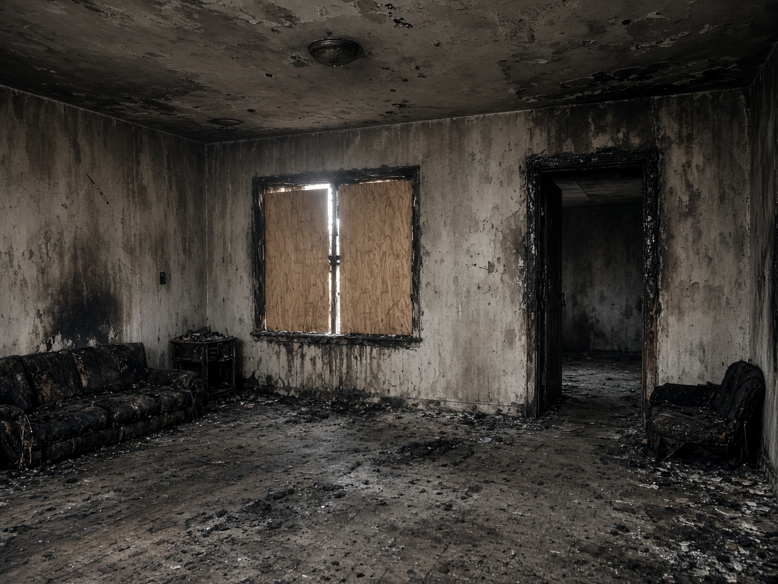 Smoke-stained living room after a residential house fire