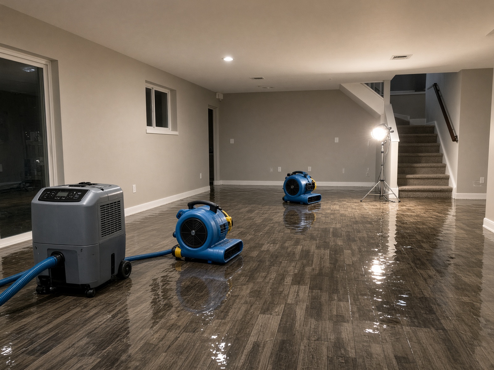 Professional water extraction equipment in a flooded basement