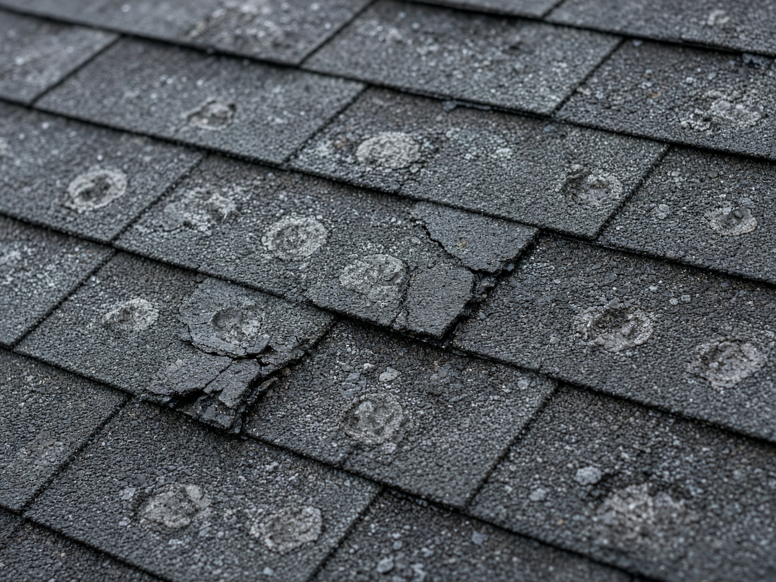 Hail-bruised architectural shingles on a residential roof