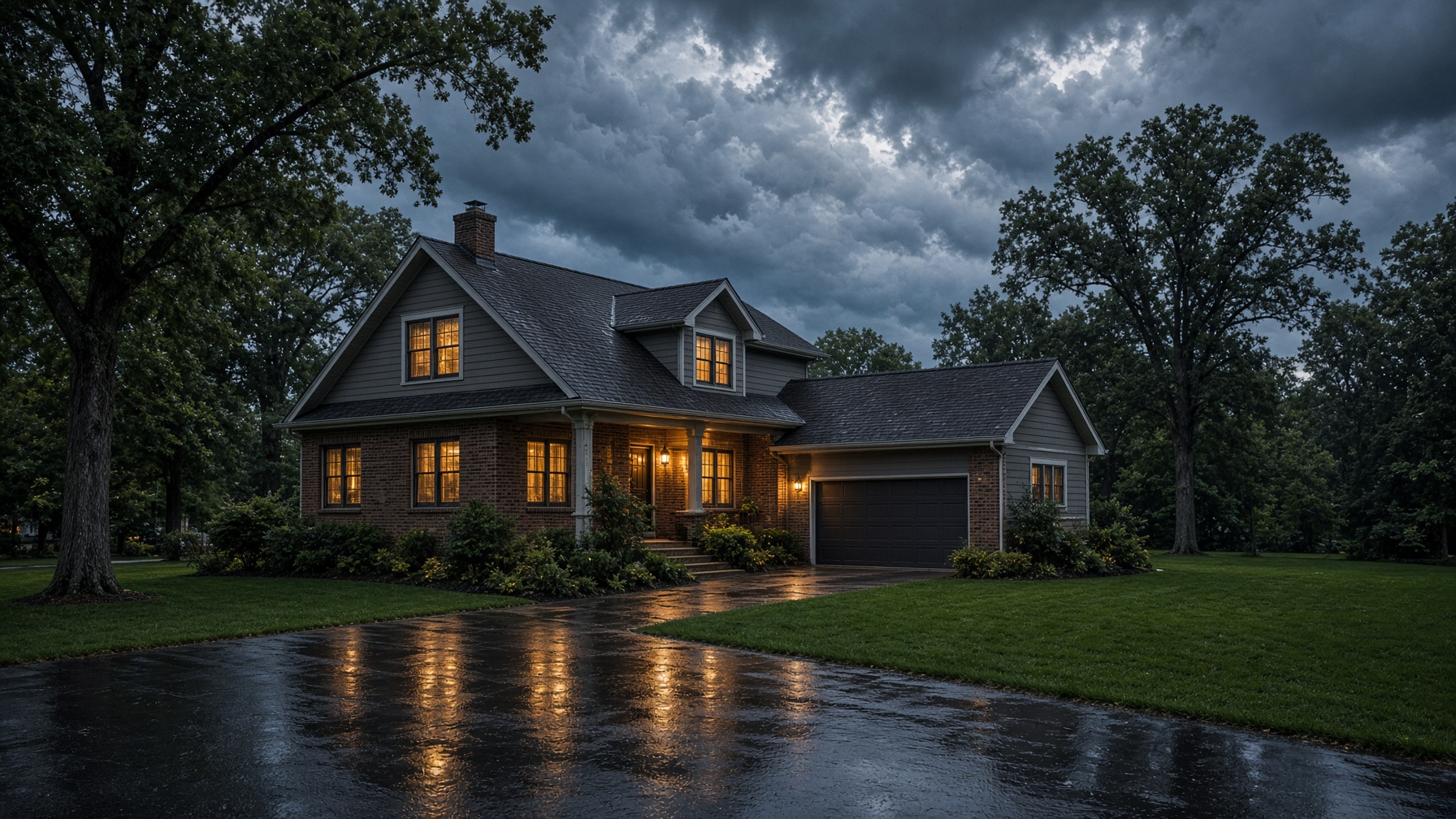Suburban Homer Glen-area home at dusk after a thunderstorm