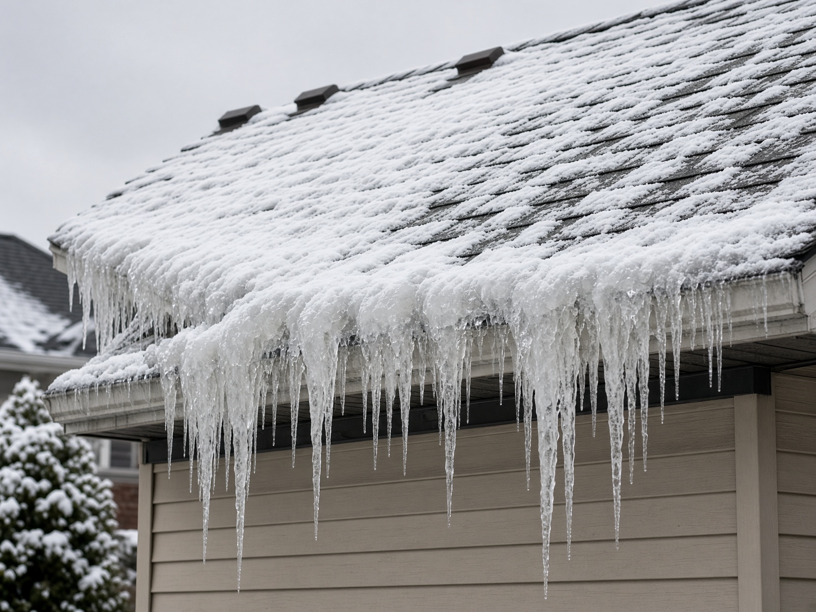 Ice dam and icicles along the eaves of an Illinois home