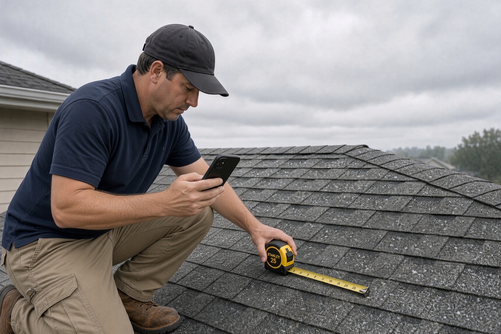 Inspector photographing hail damage on a residential roof