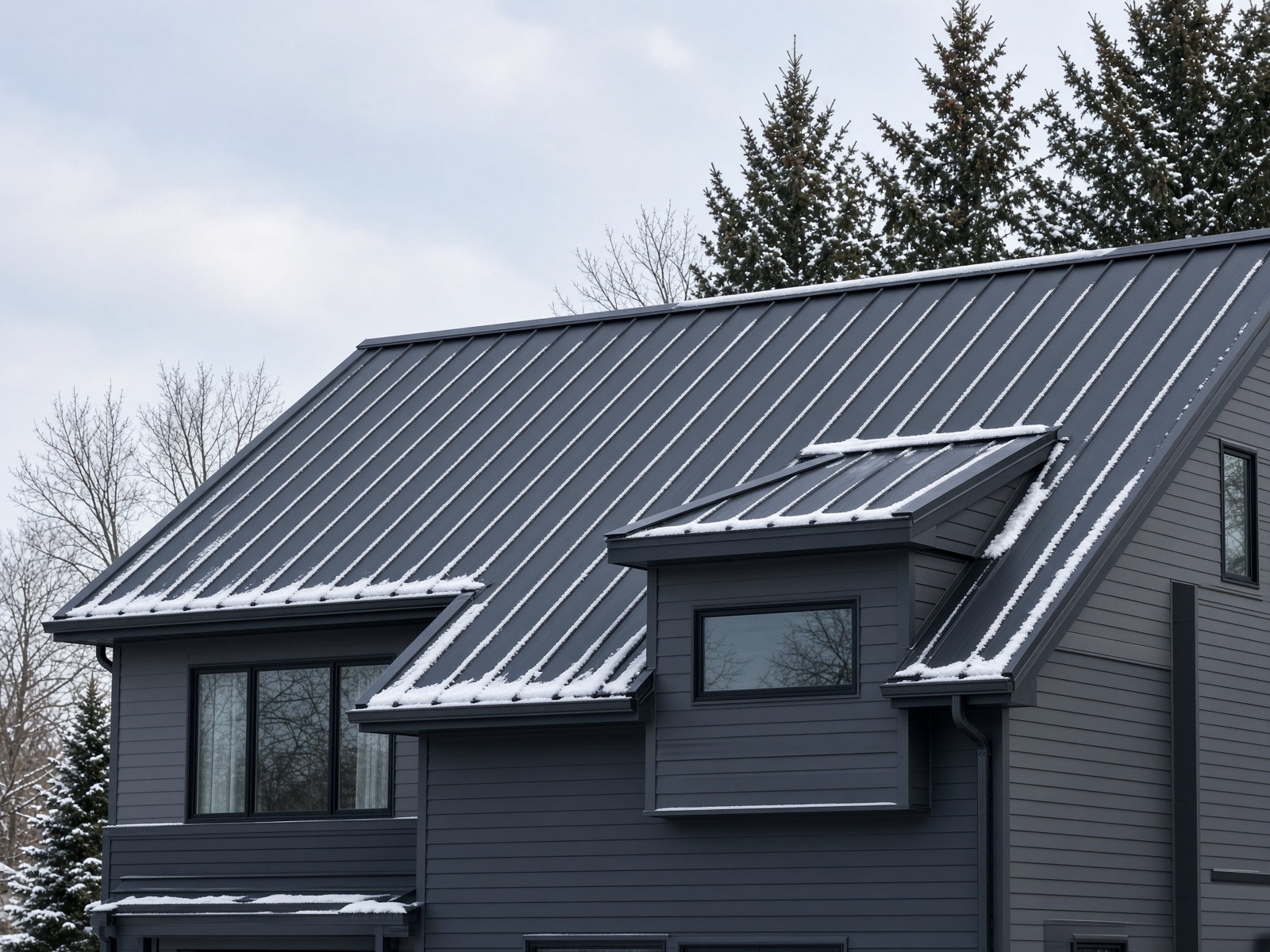 Charcoal standing-seam metal roof in winter light