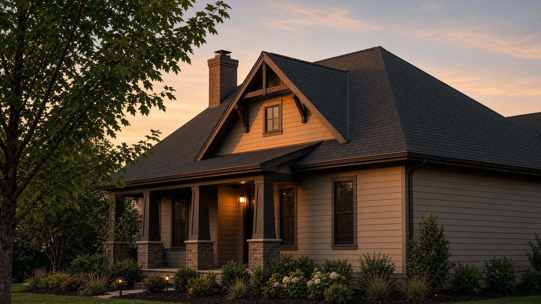 Newly installed architectural shingle roof at golden hour