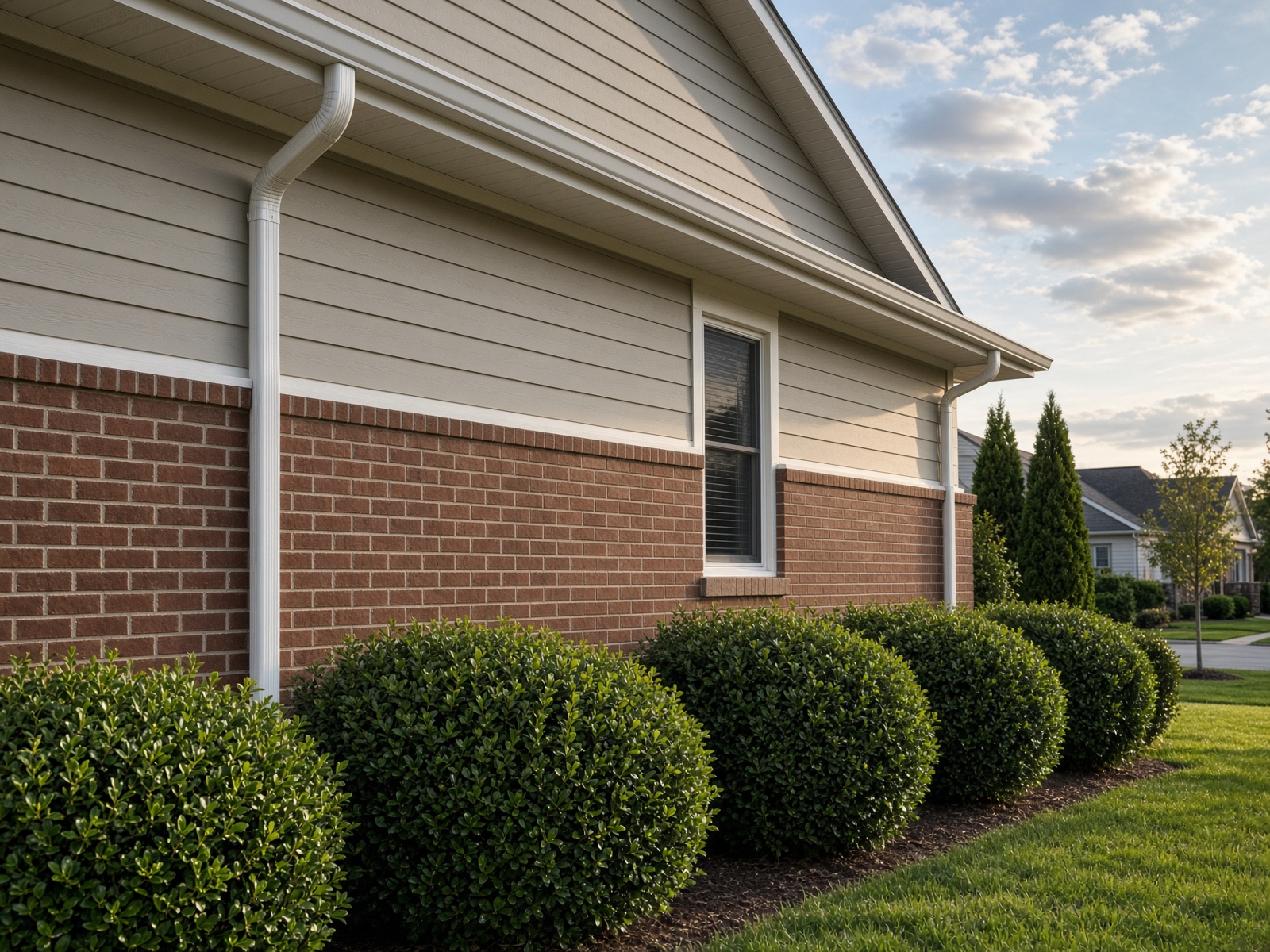 New fiber-cement siding and seamless gutters on a brick ranch